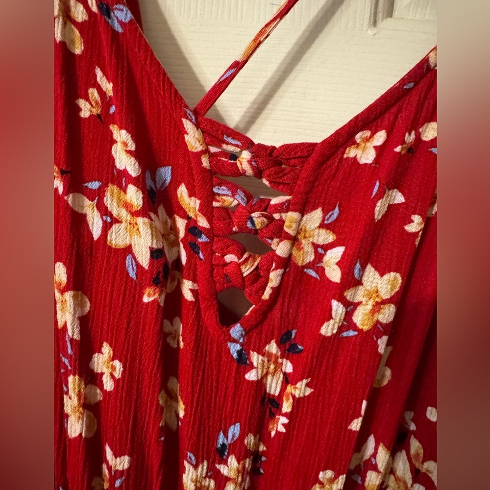 Xhilaration Midi Tank Top Dress | Red Floral | Criss-Cross Back - Picture 3 of 8